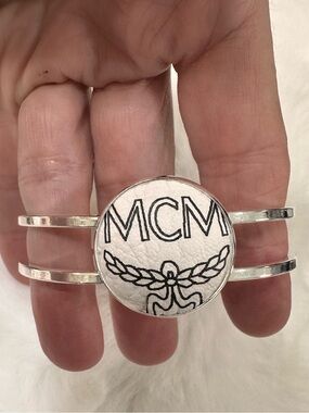 MCM repurposed material Silver Double-Band Logo Cuff bracelet